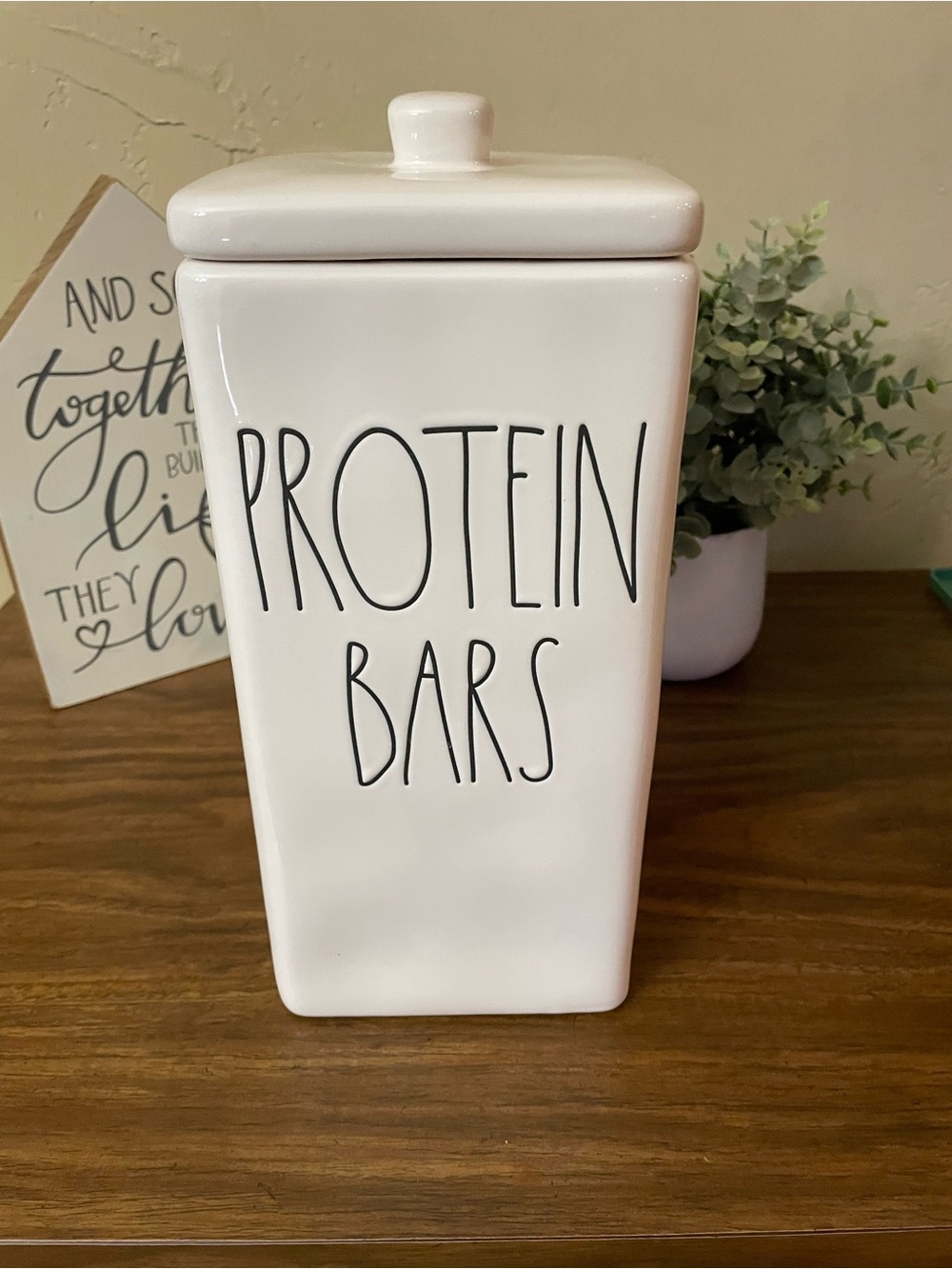 Rae Dunn White Ceramic Canister - 'PROTEIN BARS'
